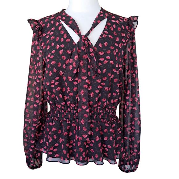 MILLY Floral Ruffle-Trim Tieneck Blouse Black Red Floral Top Size Medium - Picture 2 of 10